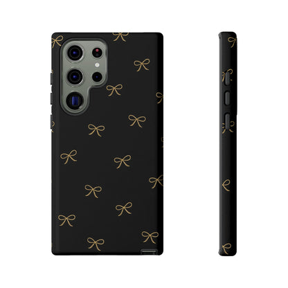 Black Phone Case with Gold Bow Pattern – Slim Protective Cute Aesthetic Cover for Iphone, Samsung Galaxy and Pixel
