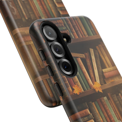Cozy Vintage Bookshelf Phone Case, Library Aesthetic Book Stack, Autumn Coffee Vibes (iPhone, Samsung, Pixel)