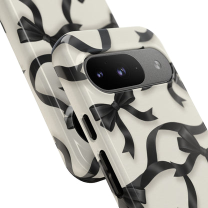 Black Ribbon Bow Phone Case, Minimal Bow Pattern Tough Protective Case