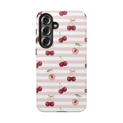 Pink Cherry Stripe Phone Case | Cute Coquette Aesthetic Protective Tough Case
