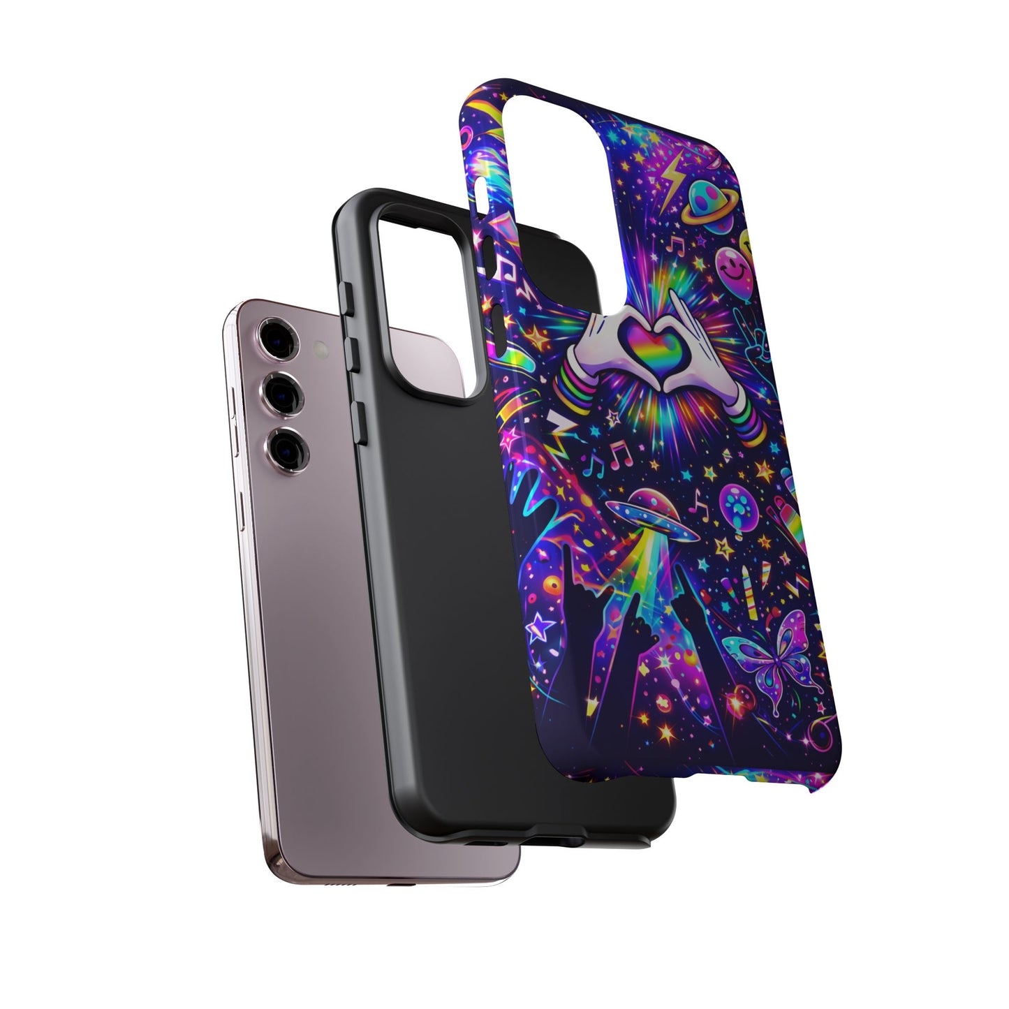 Rainbow Heart Hands Phone Case – Neon Galaxy EDM Festival Tough Cover