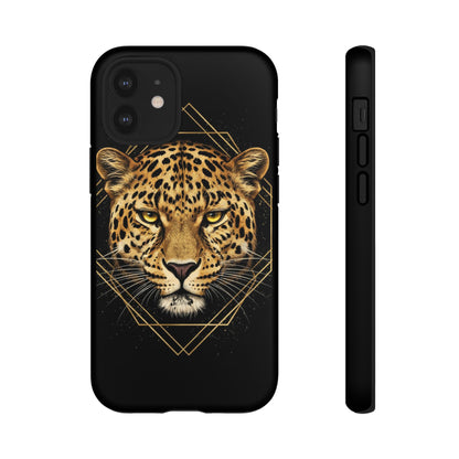 Leopard Head Geometric Phone Case – Black & Gold Luxe Tough Case