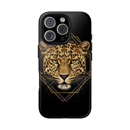 Leopard Head Geometric Phone Case – Black & Gold Luxe Tough Case