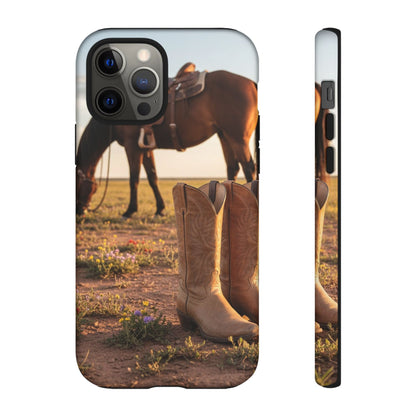 Western Cowboy Boots Phone Case – Rustic Horse Sunset Tough Case (iPhone, Samsung, Pixel)