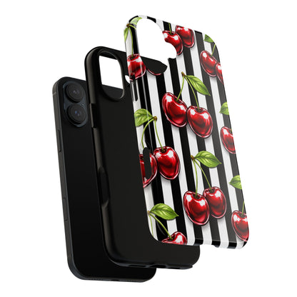 Cherry Pattern Phone Case Black White Stripe Retro Aesthetic Tough Cover