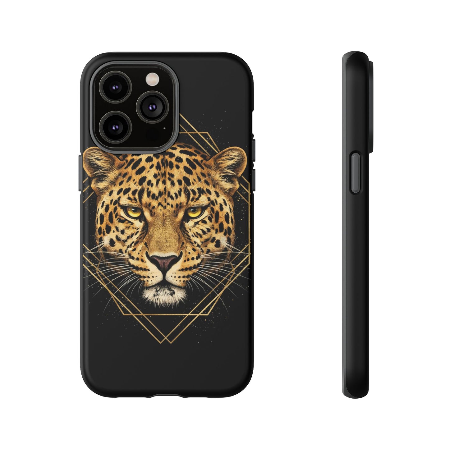 Leopard Head Geometric Phone Case – Black & Gold Luxe Tough Case
