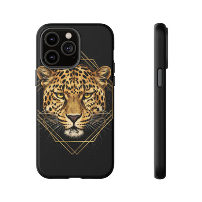 Leopard Head Geometric Phone Case – Black & Gold Luxe Tough Case