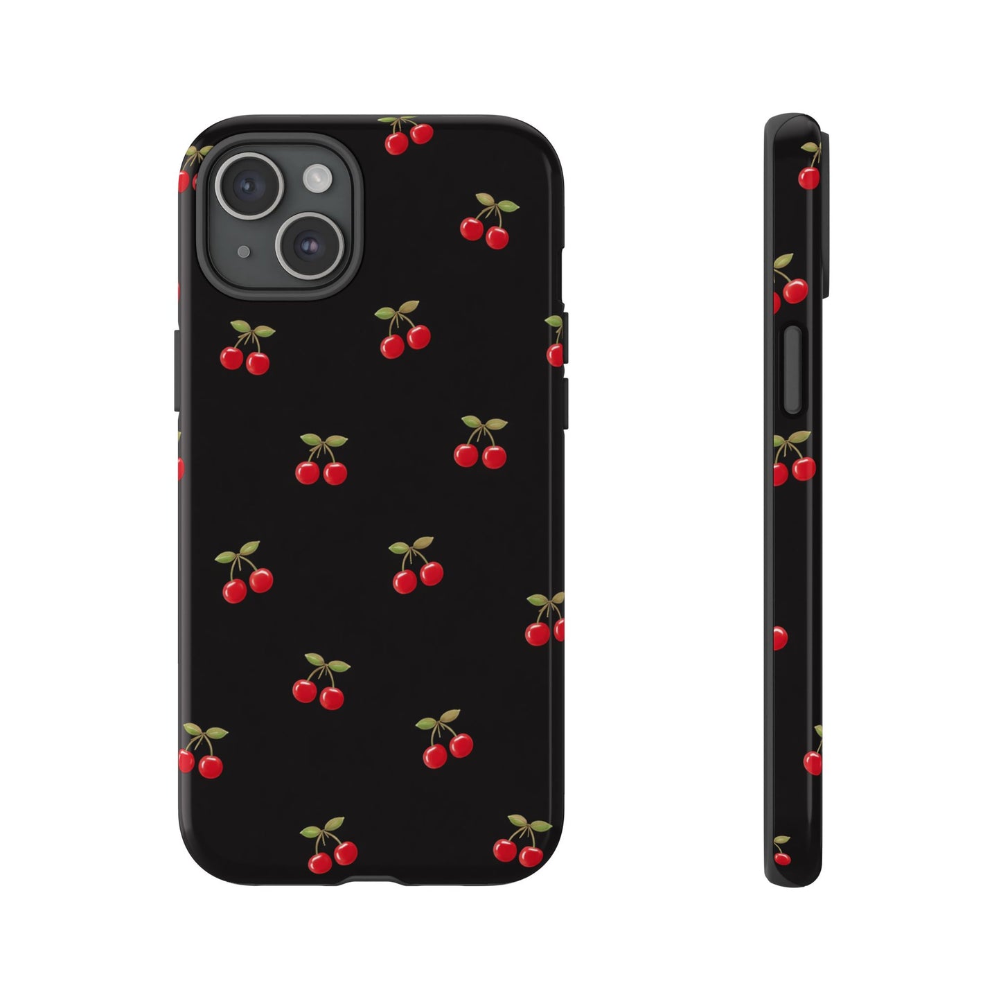 Cherry Pattern Phone Case — Slim Black Protective iPhone Case with Red Cherries for Iphone, Samsung Galaxy and Pixel