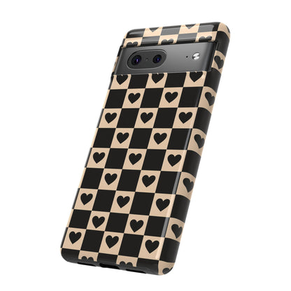 Checkerboard Heart Phone Case – Black & Beige Cute Aesthetic Protective Cover for Iphone, Samsung Galaxy and Pixel