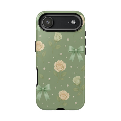 Vintage Rose Bow Phone Case – Sage Green Floral Coquette Aesthetic Tough Case (iPhone, Samsung, Pixel)