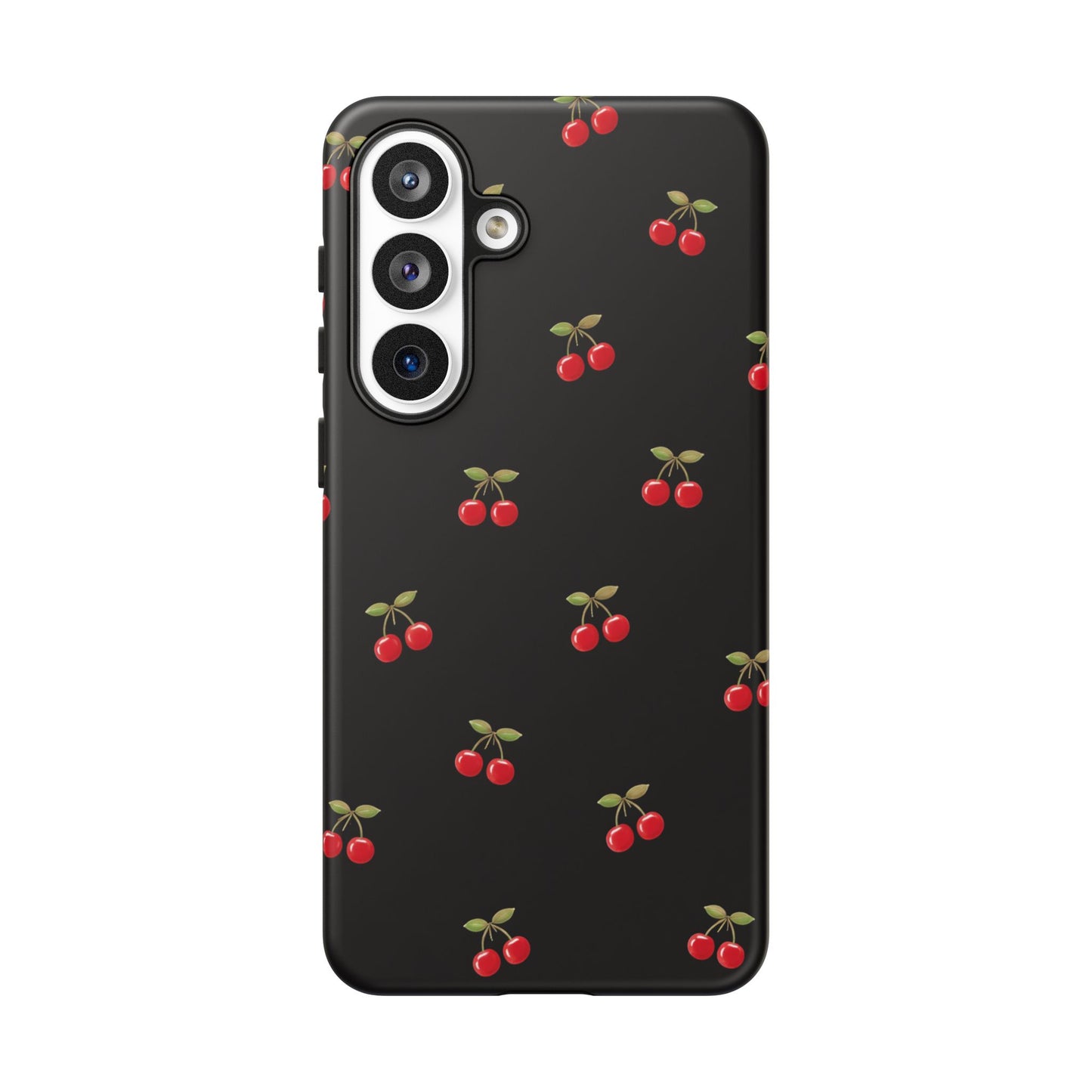 Cherry Pattern Phone Case — Slim Black Protective iPhone Case with Red Cherries for Iphone, Samsung Galaxy and Pixel