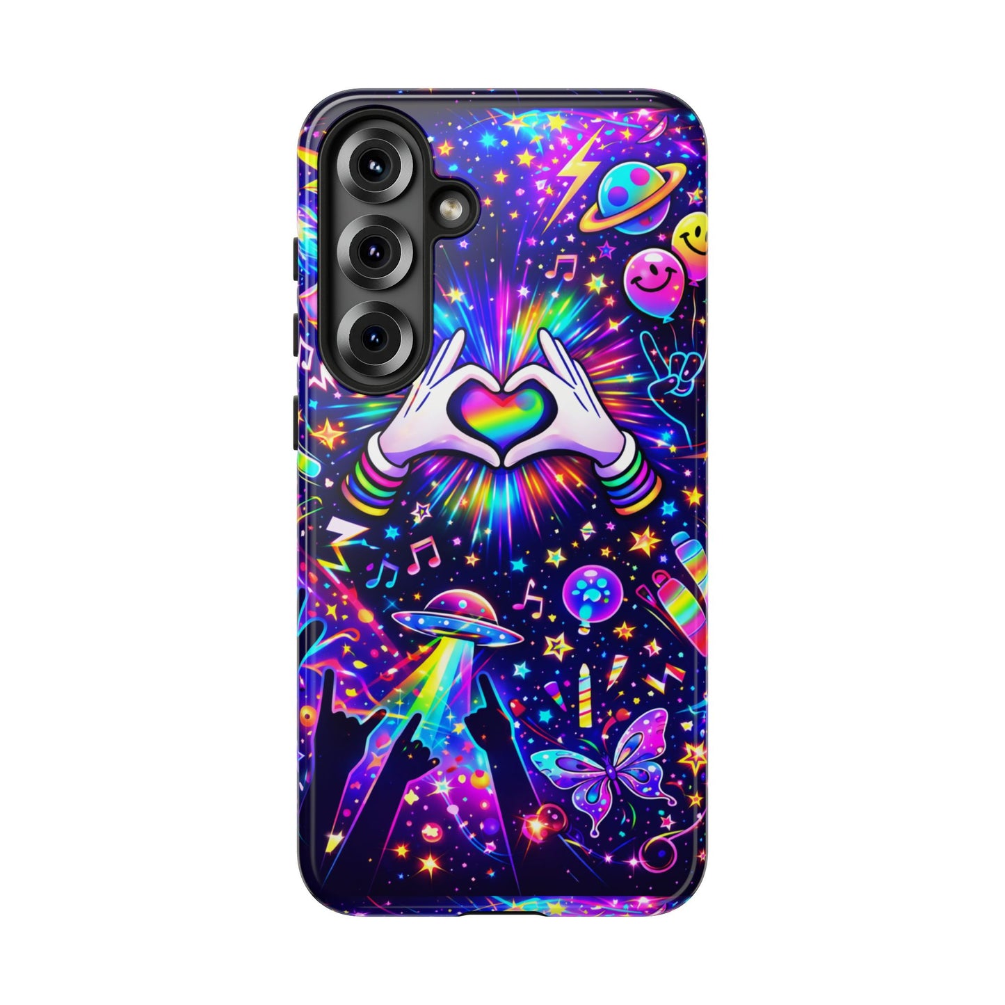 Rainbow Heart Hands Phone Case – Neon Galaxy EDM Festival Tough Cover