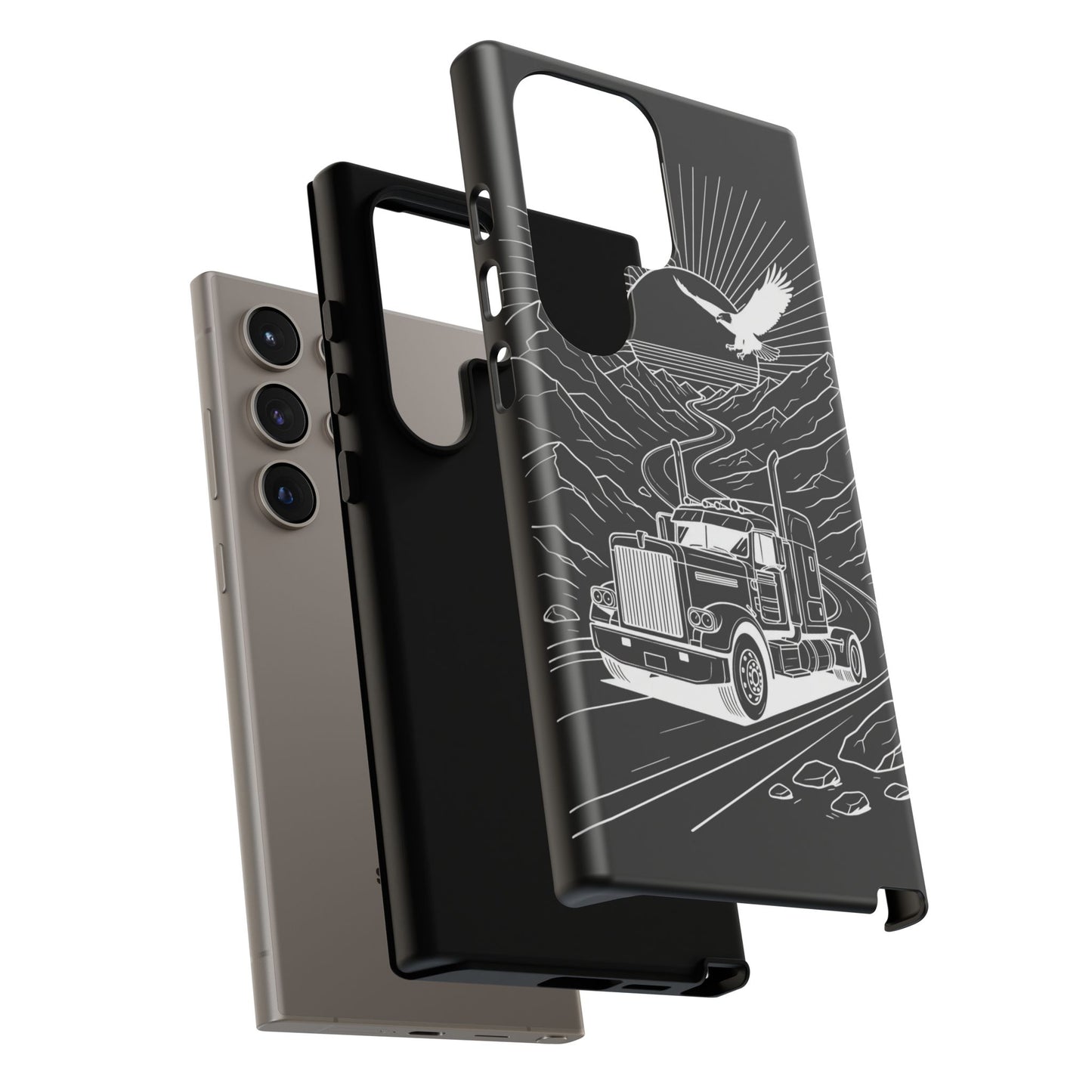 Trucker Highway Phone Case | Eagle & Mountain Line Art | Black Western Tough Case