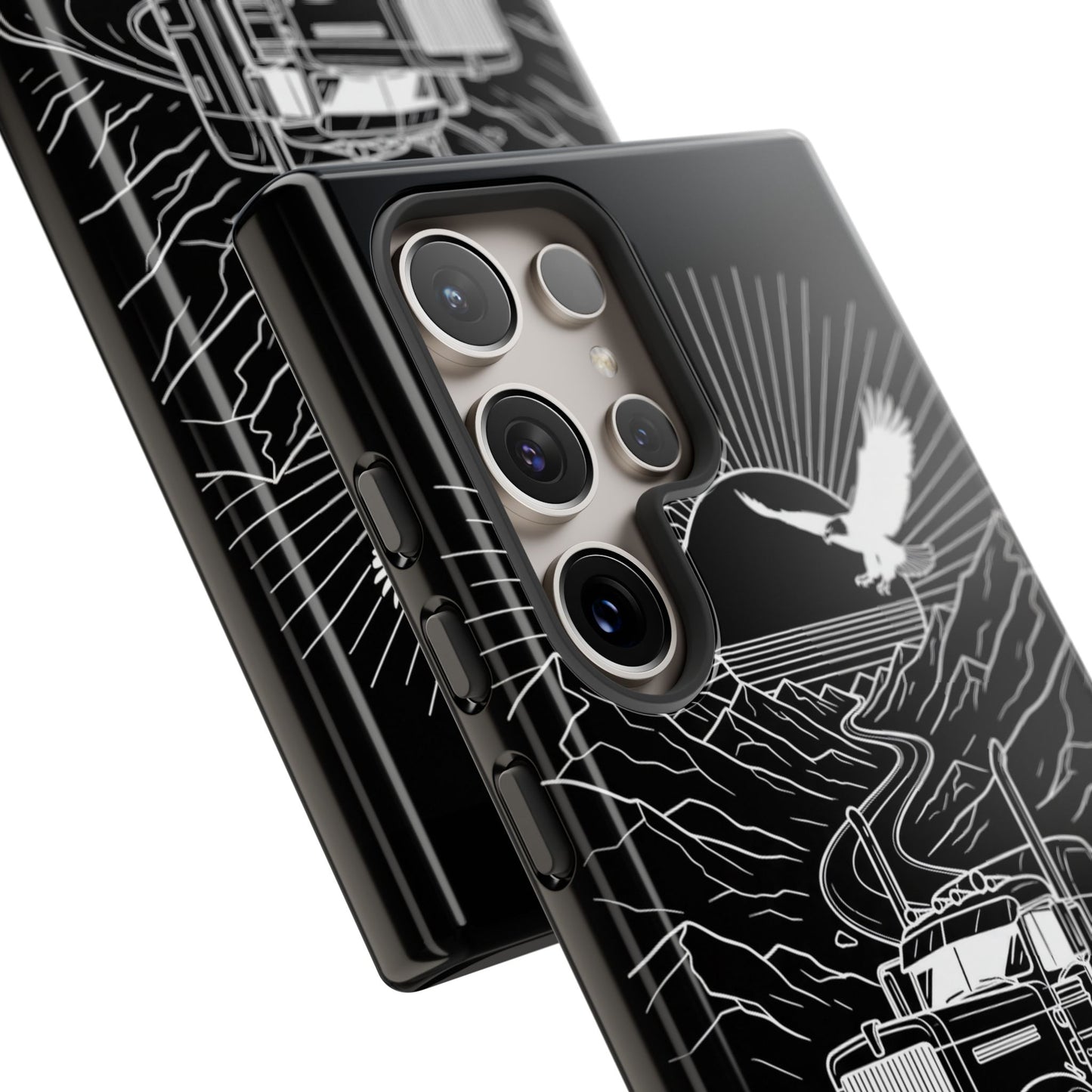Trucker Highway Phone Case | Eagle & Mountain Line Art | Black Western Tough Case