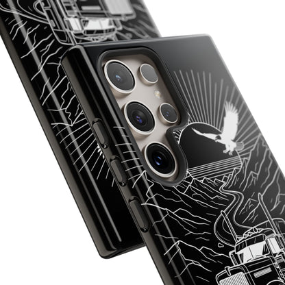 Trucker Highway Phone Case | Eagle & Mountain Line Art | Black Western Tough Case