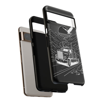 Trucker Highway Phone Case | Eagle & Mountain Line Art | Black Western Tough Case