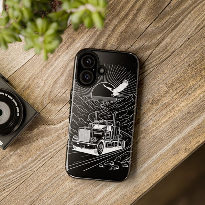 Trucker Highway Phone Case | Eagle & Mountain Line Art | Black Western Tough Case