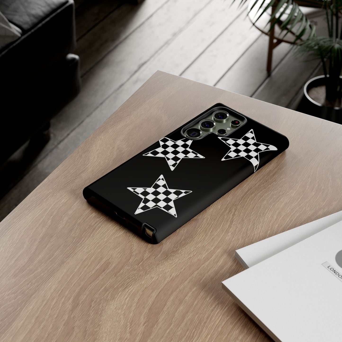Checkered Star Tough Phone Case – Black Retro Graphic Protective Cover for Iphone, Samsung Galaxy and Pixel