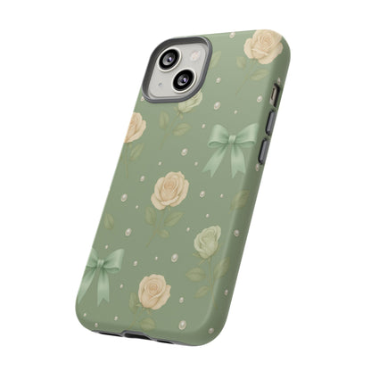 Vintage Rose Bow Phone Case – Sage Green Floral Coquette Aesthetic Tough Case (iPhone, Samsung, Pixel)