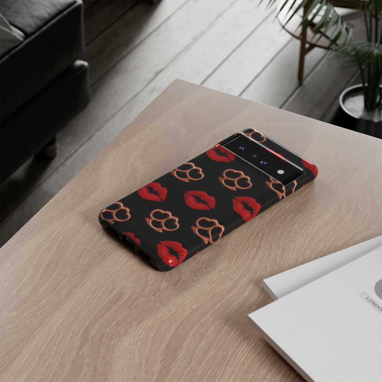 Red Lipstick & Knuckle Duster Phone Case | Bold Kiss Print Tough Protective Cover for Iphone, Samsung Galaxy and Pixel