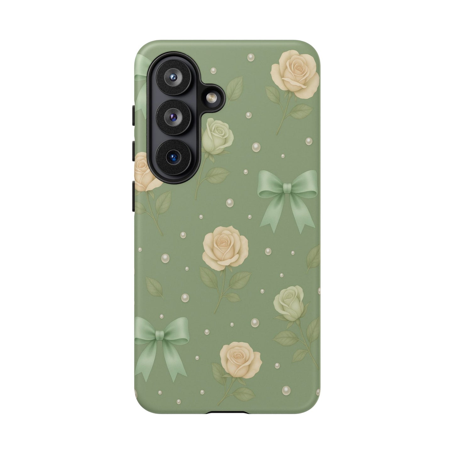 Vintage Rose Bow Phone Case – Sage Green Floral Coquette Aesthetic Tough Case (iPhone, Samsung, Pixel)