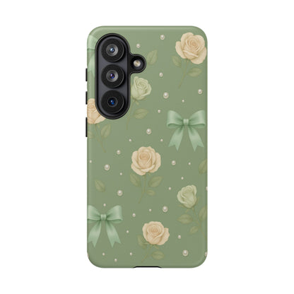 Vintage Rose Bow Phone Case – Sage Green Floral Coquette Aesthetic Tough Case (iPhone, Samsung, Pixel)