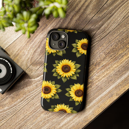 Sunflower Floral Tough Phone Case – Black Background Protective Cover for Iphone, Samsung Galaxy and Pixel