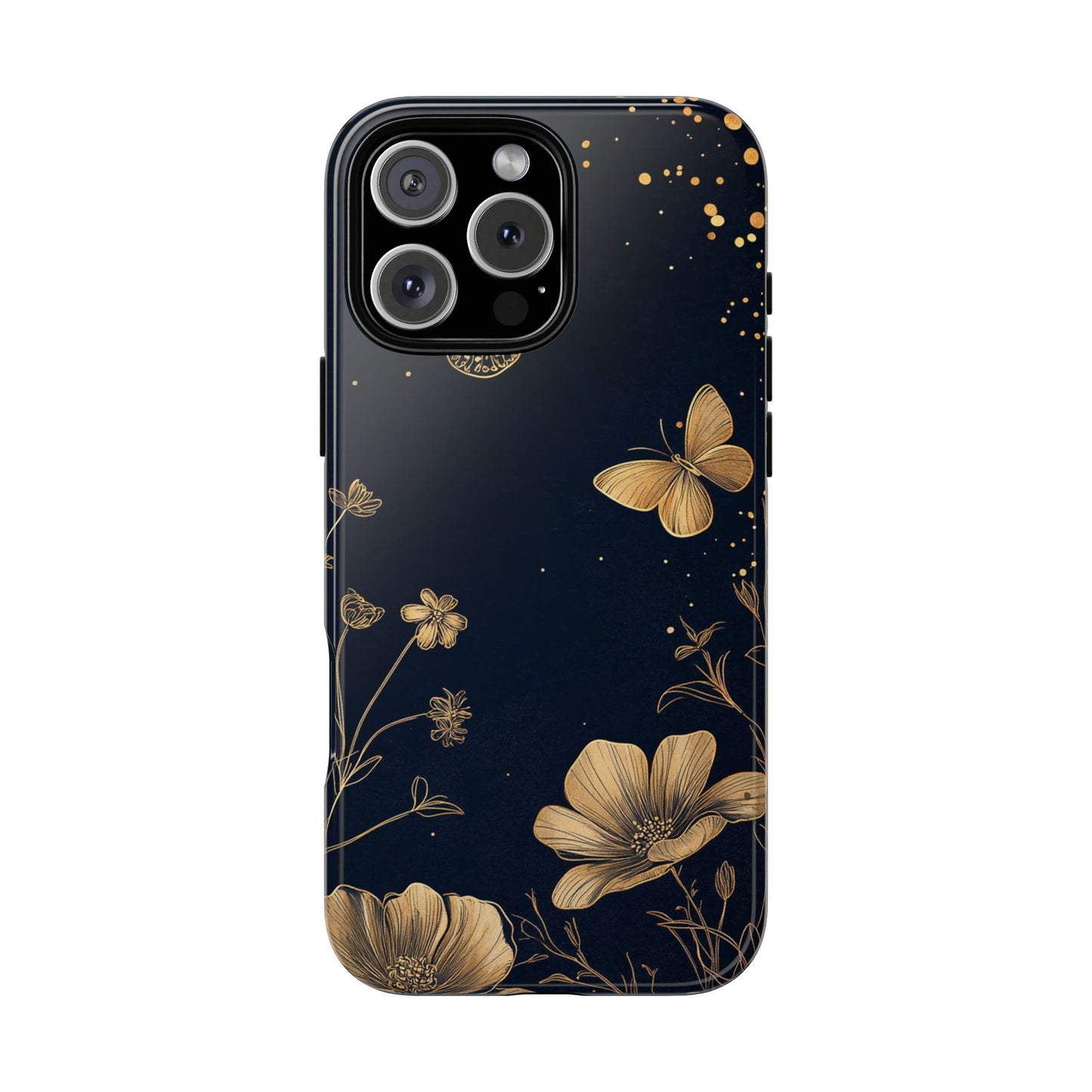 Gold Floral Butterfly Phone Case, Dark Aesthetic Botanical, Elegant Black Luxury iPhone Samsung Cover