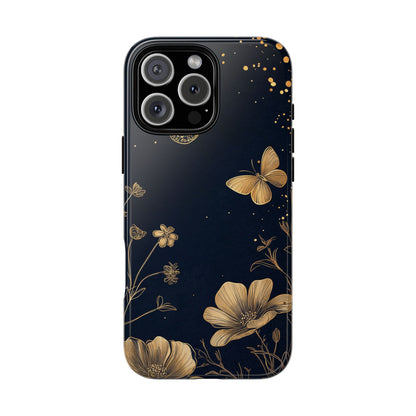 Gold Floral Butterfly Phone Case, Dark Aesthetic Botanical, Elegant Black Luxury iPhone Samsung Cover