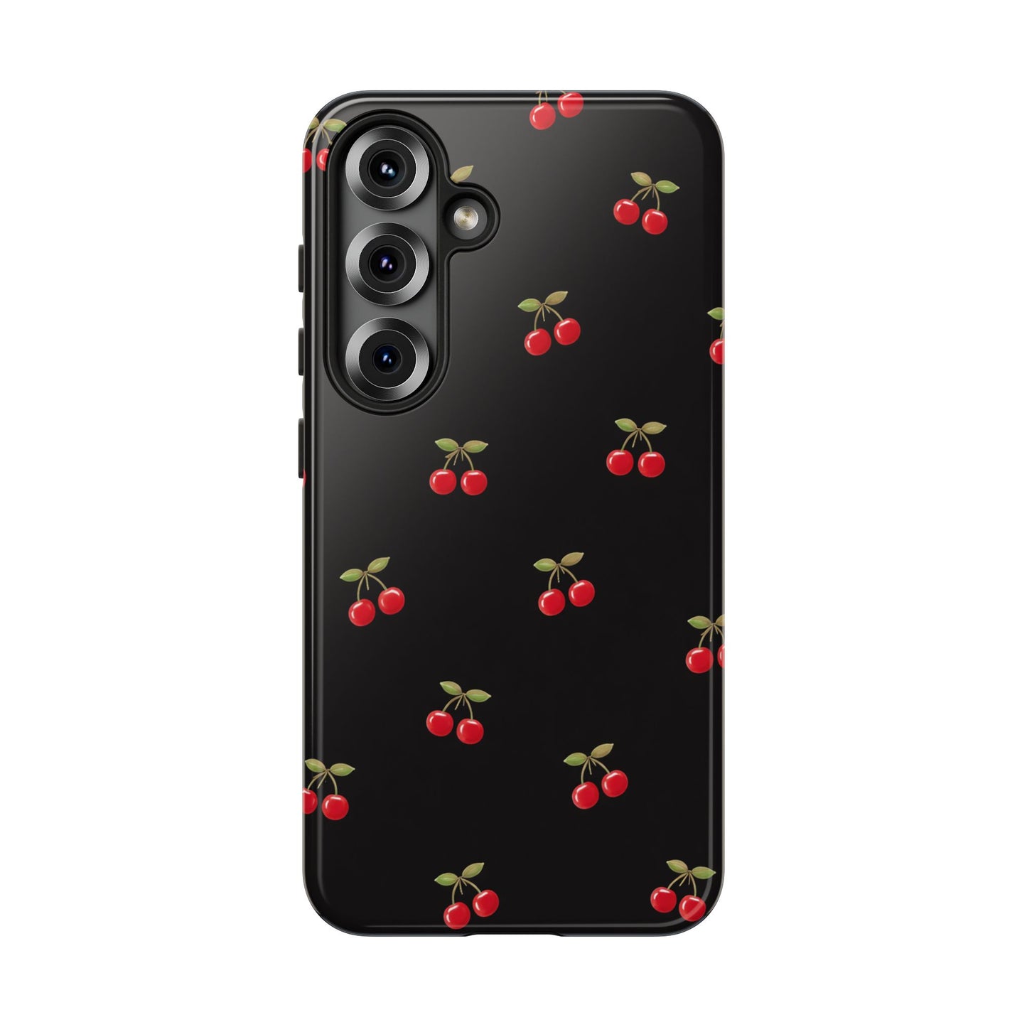 Cherry Pattern Phone Case — Slim Black Protective iPhone Case with Red Cherries for Iphone, Samsung Galaxy and Pixel