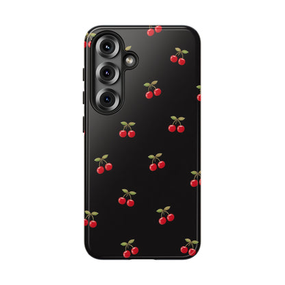 Cherry Pattern Phone Case — Slim Black Protective iPhone Case with Red Cherries for Iphone, Samsung Galaxy and Pixel