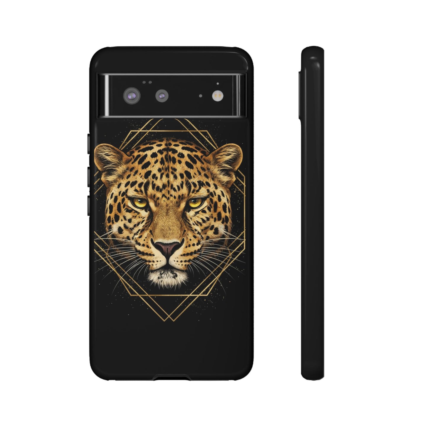 Leopard Head Geometric Phone Case – Black & Gold Luxe Tough Case