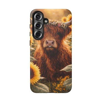 Highland Cow Sunflower Phone Case | Floral Farmhouse iPhone, Samsung Galaxy and Pixel Cover
