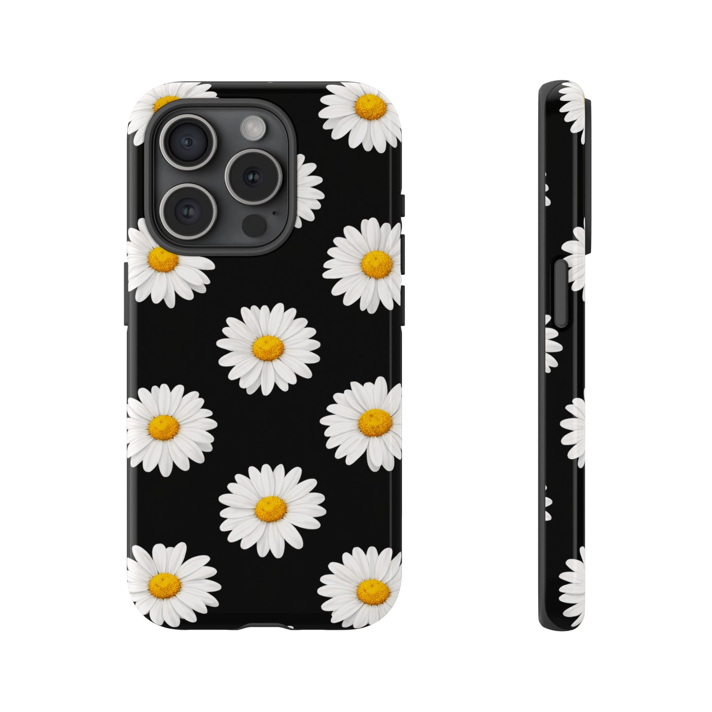 Black Daisy Floral Tough Phone Case – Cute Protective Cover for Iphone, Samsung Galaxy and Pixel