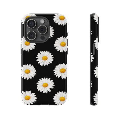 Black Daisy Floral Tough Phone Case – Cute Protective Cover for Iphone, Samsung Galaxy and Pixel