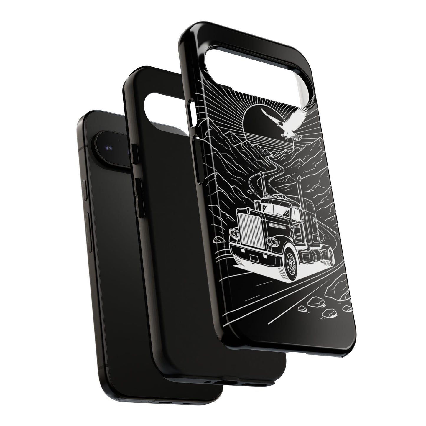 Trucker Highway Phone Case | Eagle & Mountain Line Art | Black Western Tough Case