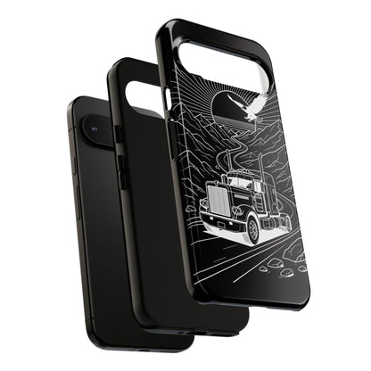 Trucker Highway Phone Case | Eagle & Mountain Line Art | Black Western Tough Case