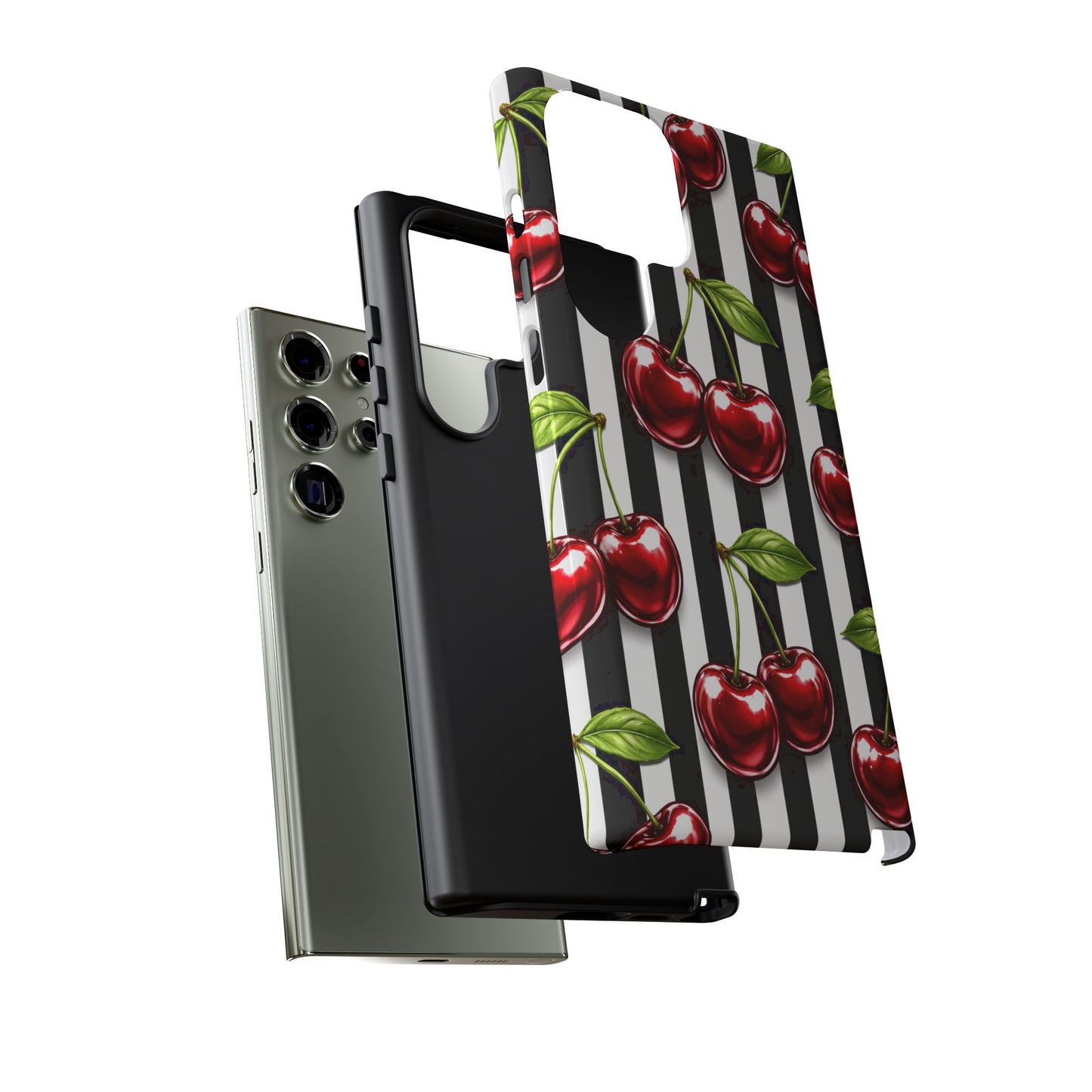 Cherry Pattern Phone Case Black White Stripe Retro Aesthetic Tough Cover