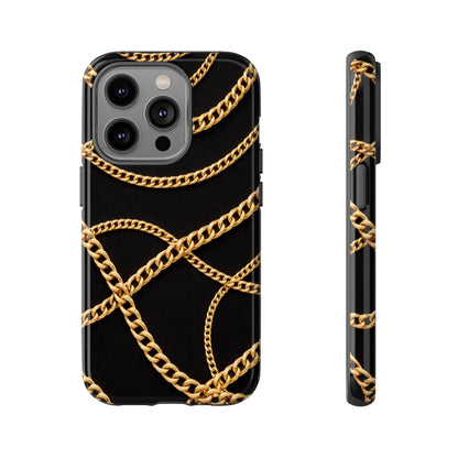 Luxury Gold Chain Phone Case – Black Designer Style Tough Protective Cover for Iphone, Samsung Galaxy and Pixel