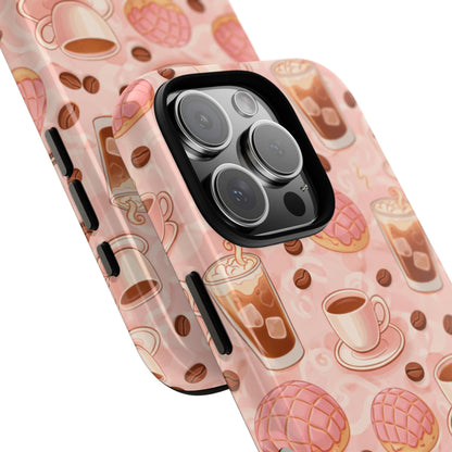 Cute Coffee & Pink Concha Phone Case – Coffee Lover Aesthetic Latte Pattern Tough Case