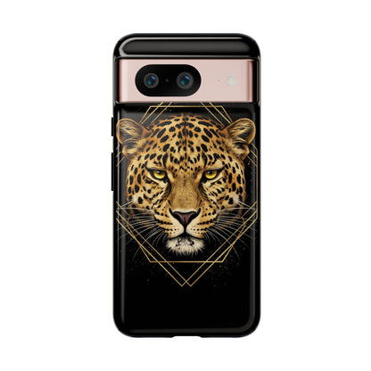 Leopard Head Geometric Phone Case – Black & Gold Luxe Tough Case