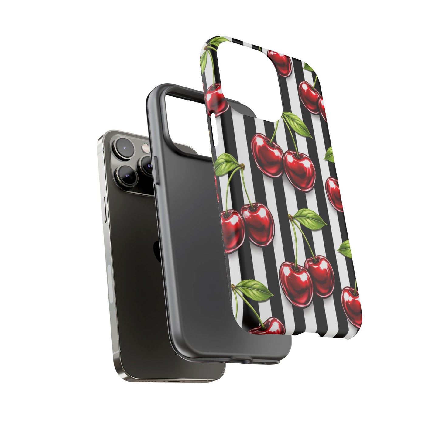 Cherry Pattern Phone Case Black White Stripe Retro Aesthetic Tough Cover