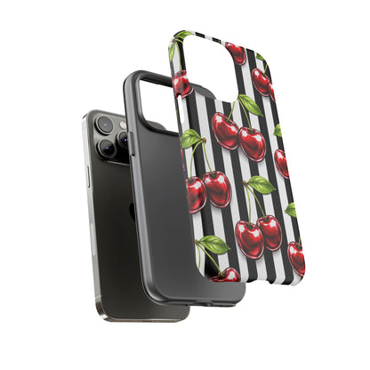 Cherry Pattern Phone Case Black White Stripe Retro Aesthetic Tough Cover