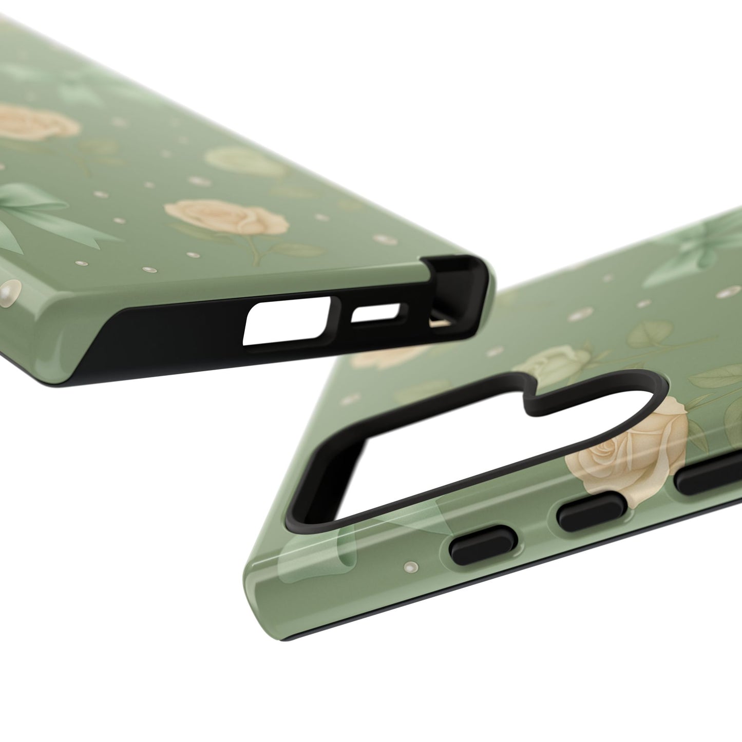 Vintage Rose Bow Phone Case – Sage Green Floral Coquette Aesthetic Tough Case (iPhone, Samsung, Pixel)