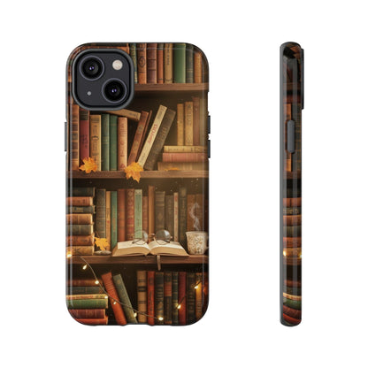 Cozy Vintage Bookshelf Phone Case, Library Aesthetic Book Stack, Autumn Coffee Vibes (iPhone, Samsung, Pixel)