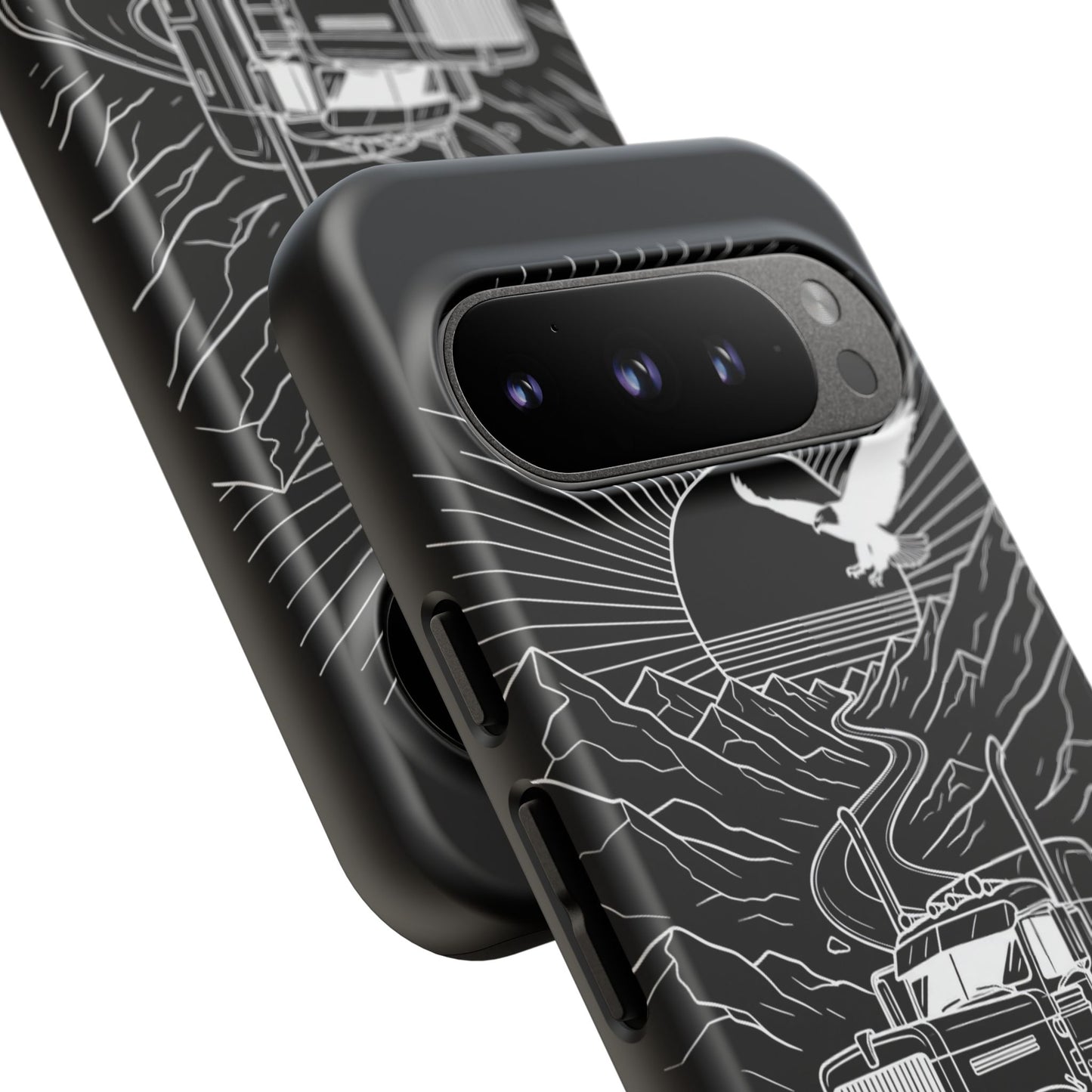 Trucker Highway Phone Case | Eagle & Mountain Line Art | Black Western Tough Case