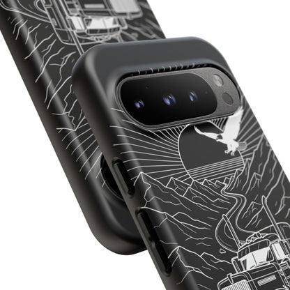Trucker Highway Phone Case | Eagle & Mountain Line Art | Black Western Tough Case
