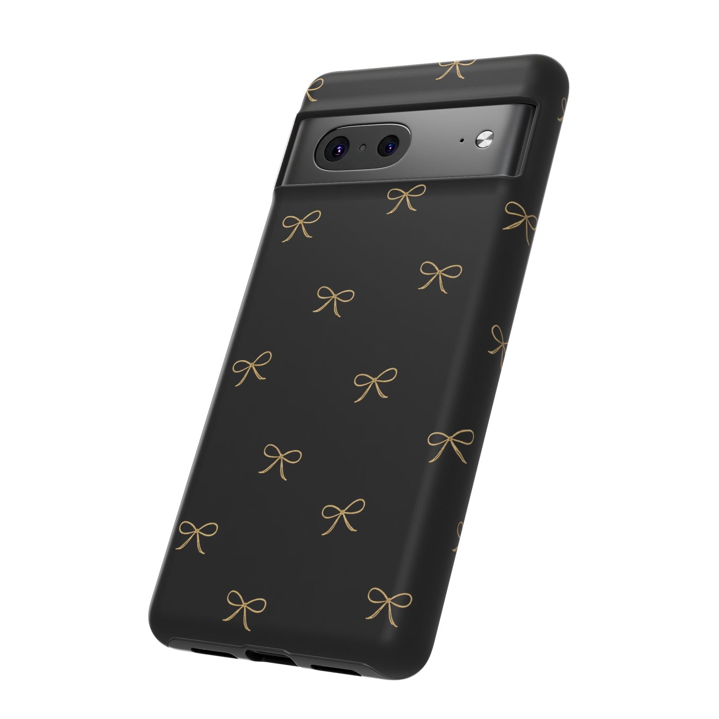Black Phone Case with Gold Bow Pattern – Slim Protective Cute Aesthetic Cover for Iphone, Samsung Galaxy and Pixel