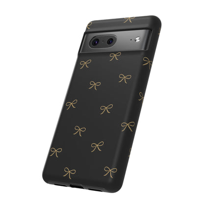 Black Phone Case with Gold Bow Pattern – Slim Protective Cute Aesthetic Cover for Iphone, Samsung Galaxy and Pixel