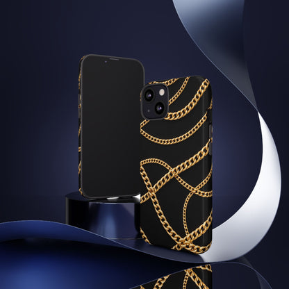 Luxury Gold Chain Phone Case – Black Designer Style Tough Protective Cover for Iphone, Samsung Galaxy and Pixel